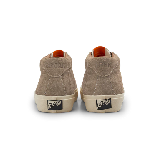 Pair of beige high-top sneakers with brand logo on a white background