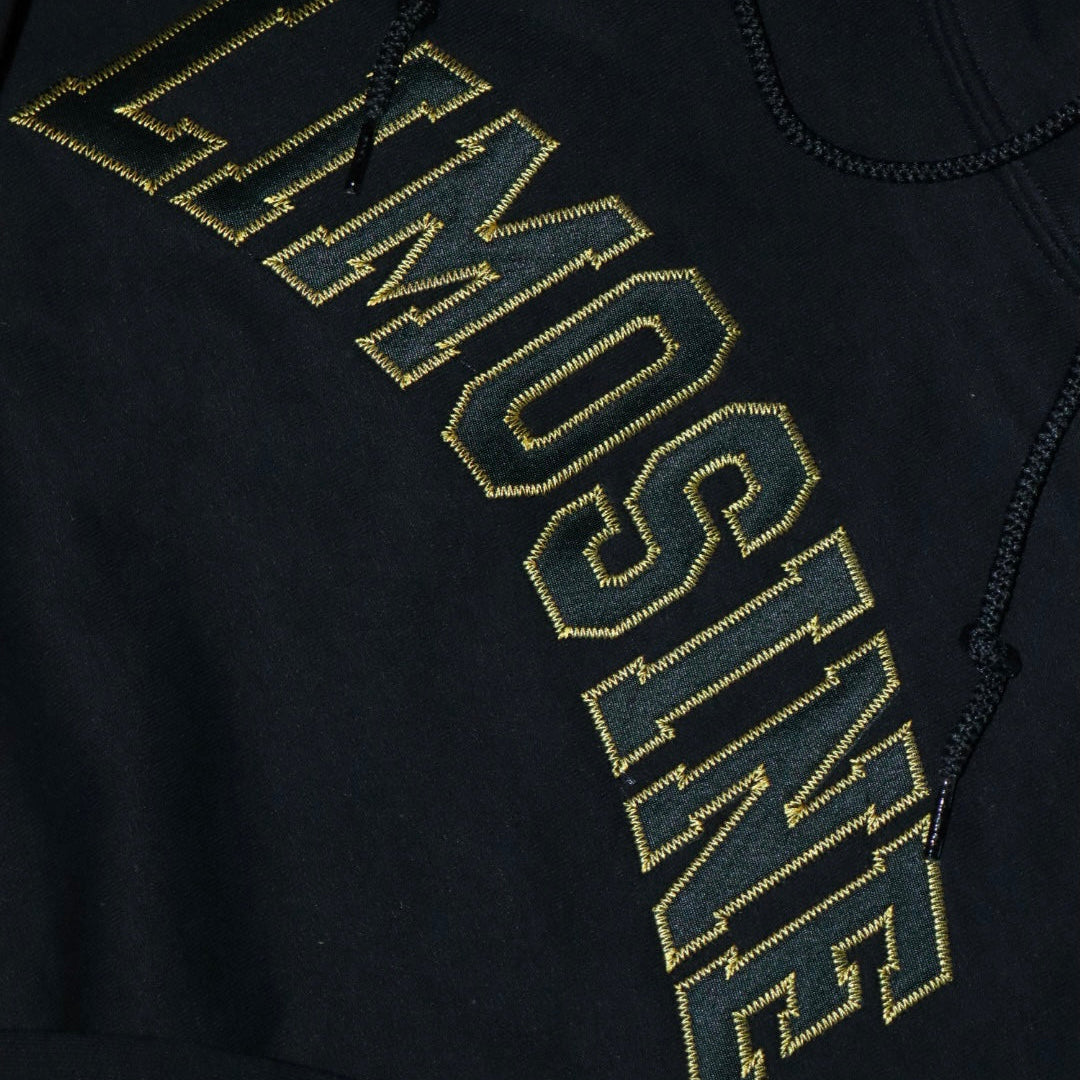 Black limosine hoodie with gold and black vinyl text