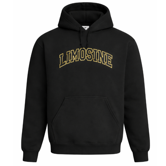 Black hoodie with 'LIMOSINE' printed in gold 