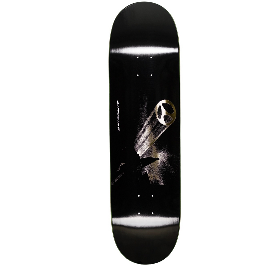 Skateboard deck with a black and white design on a white background