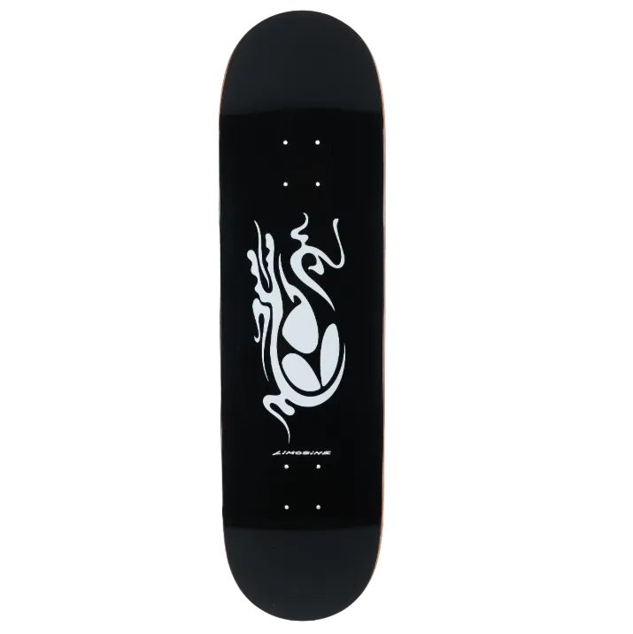 Black skateboard deck with white tribal design 