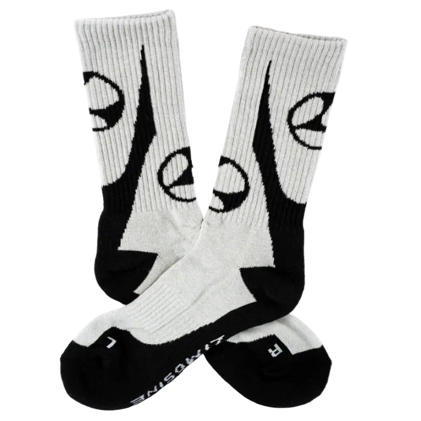 Pair of white socks with black limosine logos a white background