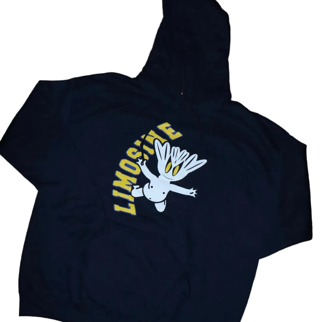 navy hoodie with limosine text and graphic 