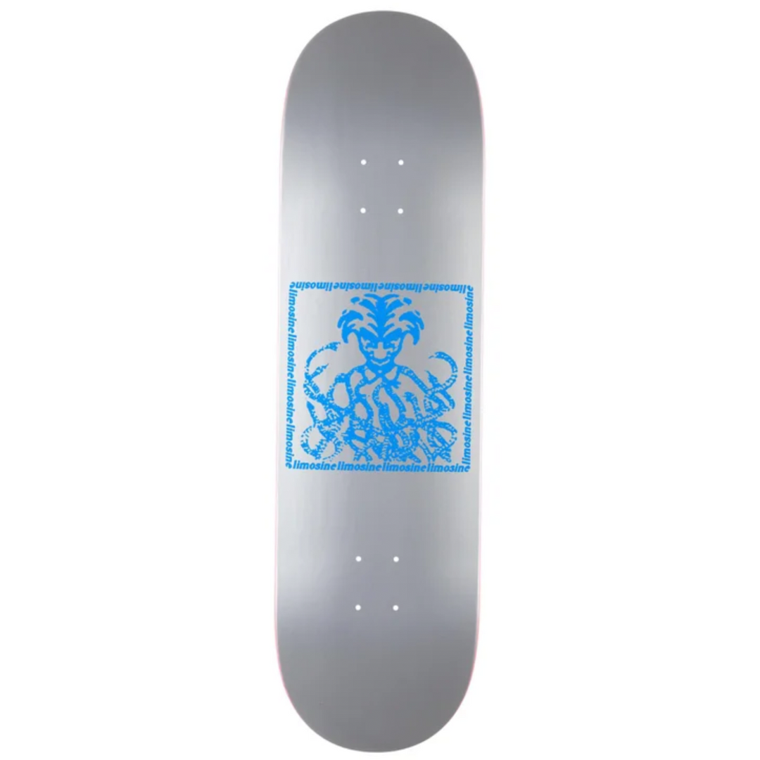 Gray skateboard deck with blue graphic design on a white background