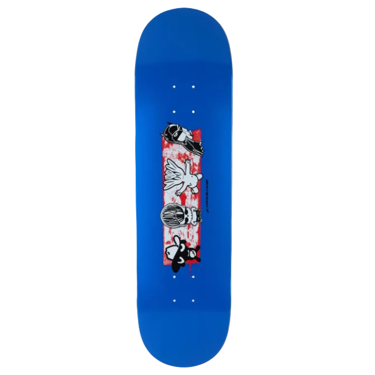 Blue skateboard deck with a team graphic design