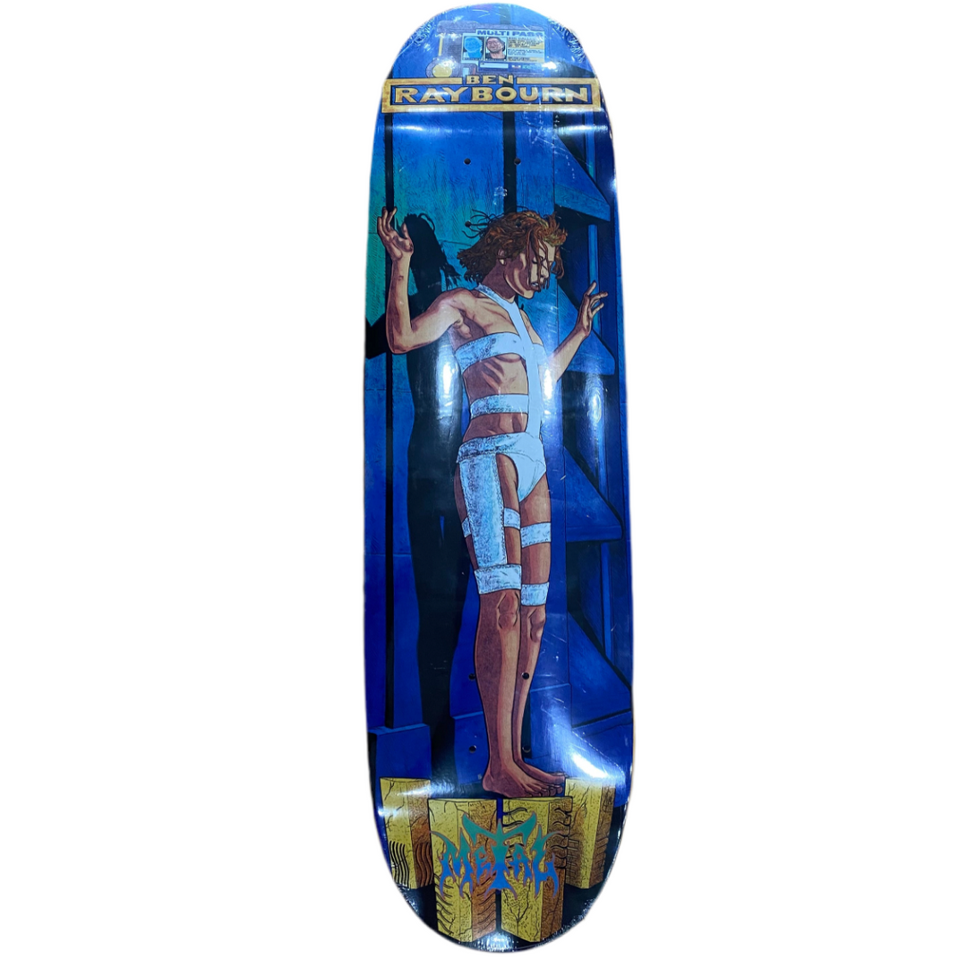 Skateboard deck with a graphic design of a person in a futuristic setting, featuring the text 'Ray Bourn'.