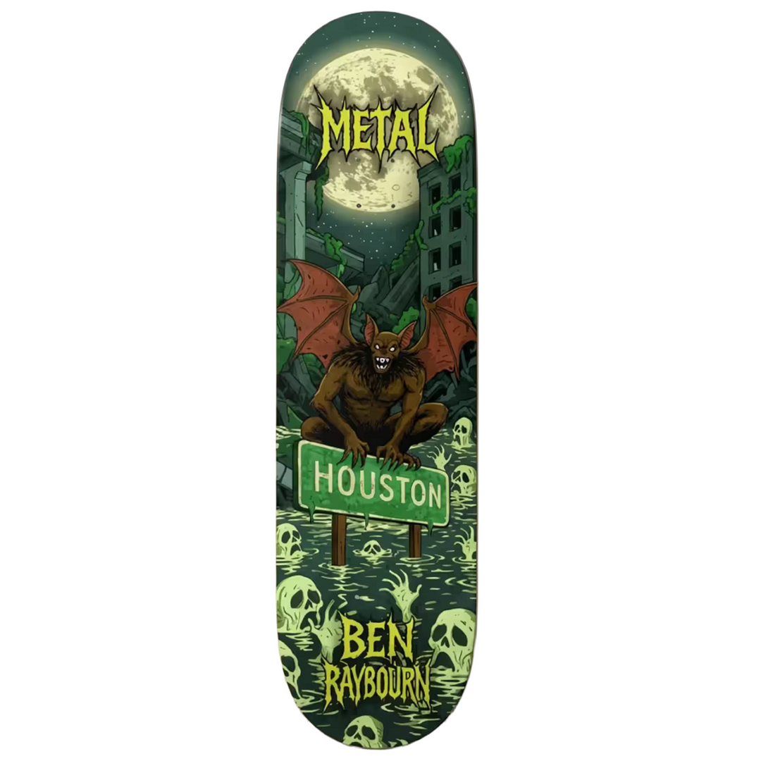 Skateboard deck with a bat, moon, and 'Metal' text design on a green background.