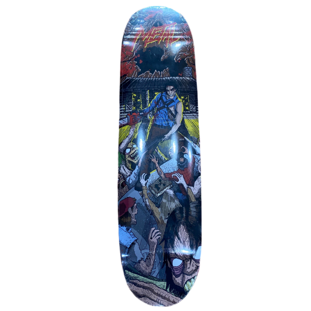 Skateboard deck with a colorful graphic design on a white background