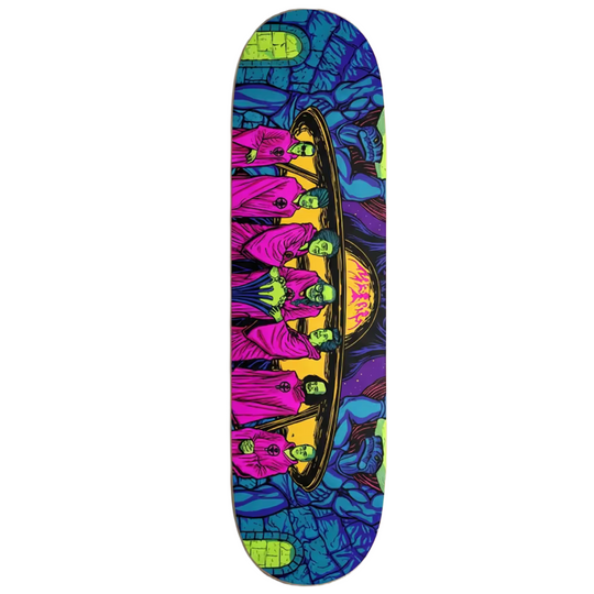Colorful skateboard deck with abstract design on a white background