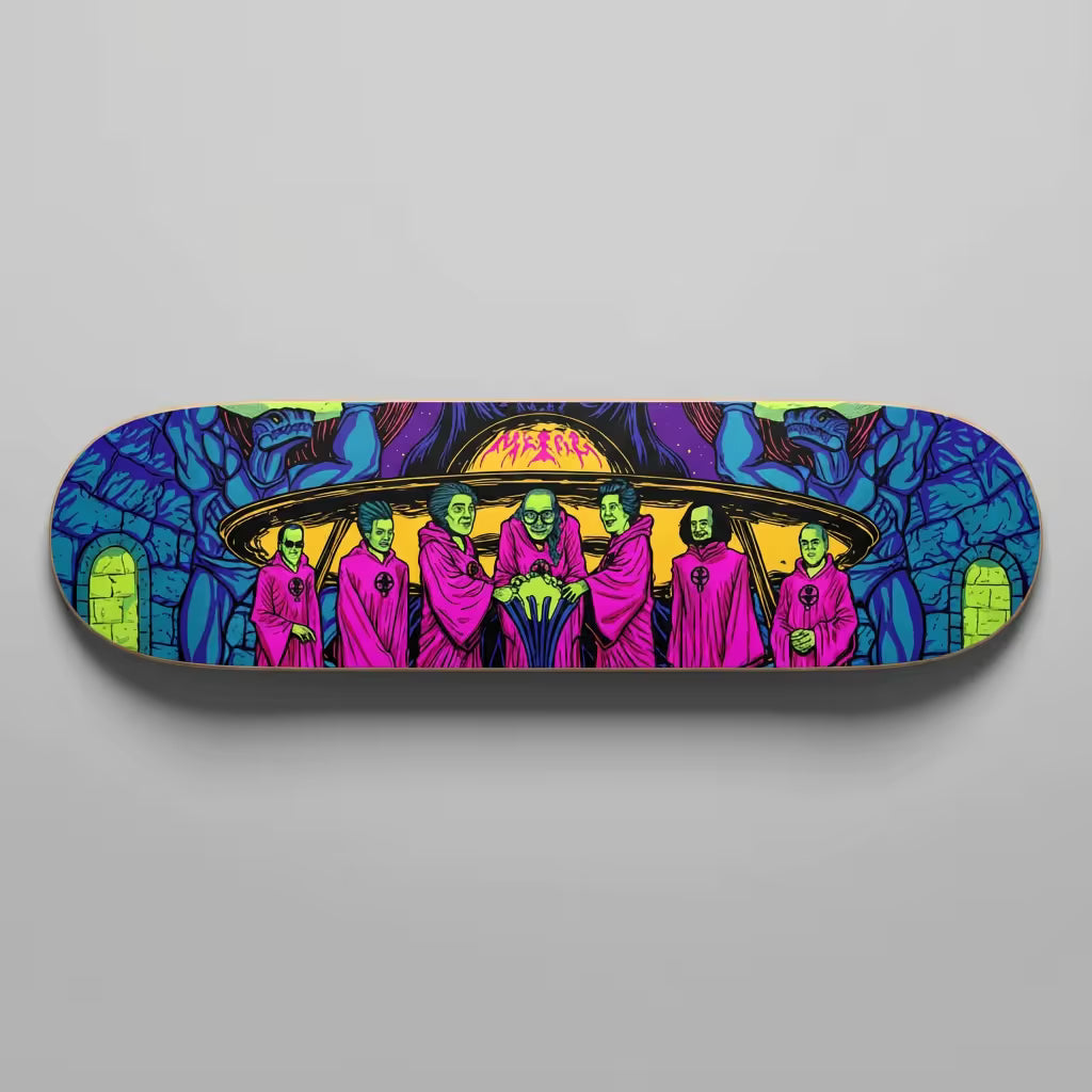 Skateboard deck with alien and pink creature design on a gray background