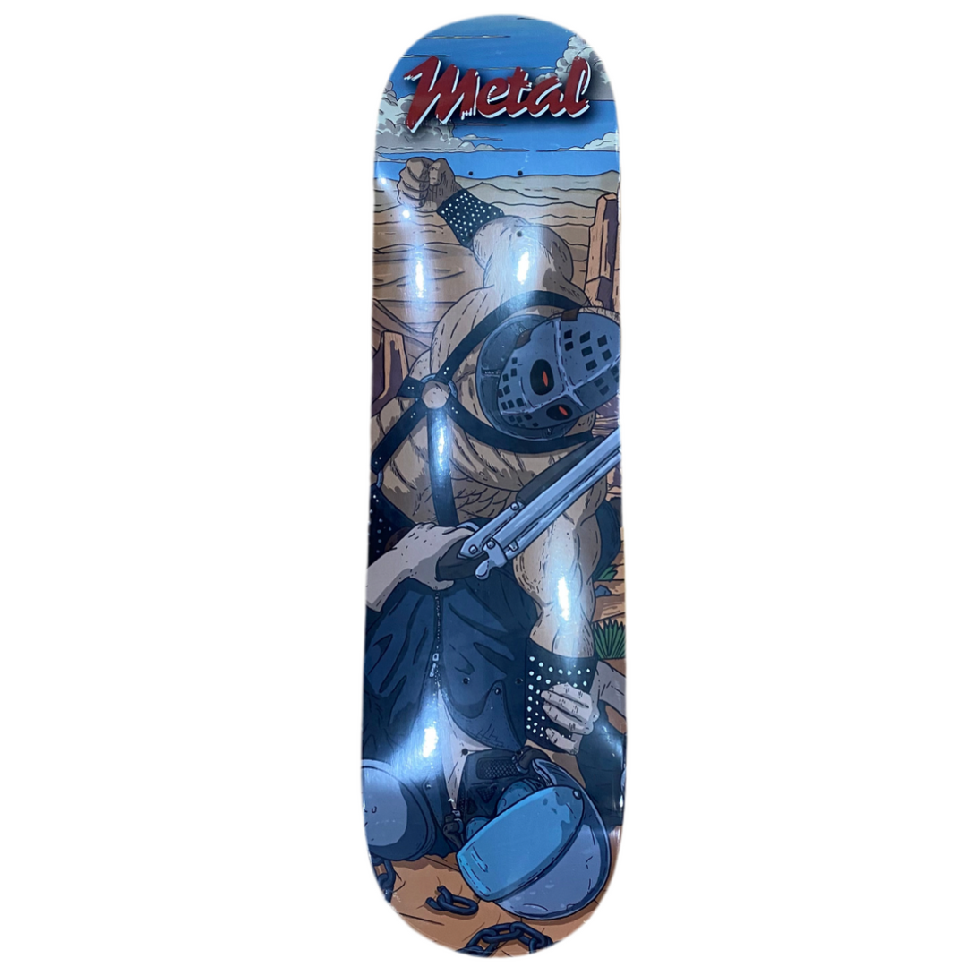 Skateboard deck with a detailed design and 'Metal' branding on a white background