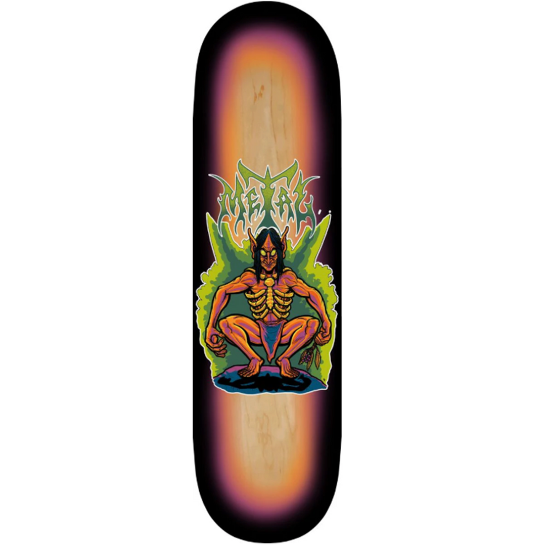 Skateboard deck with a colorful graphic of a skeleton in a meditative pose on a black background.