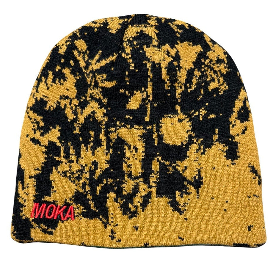 Yellow and black patterned beanie with 'IVOKA' logo on a white background
