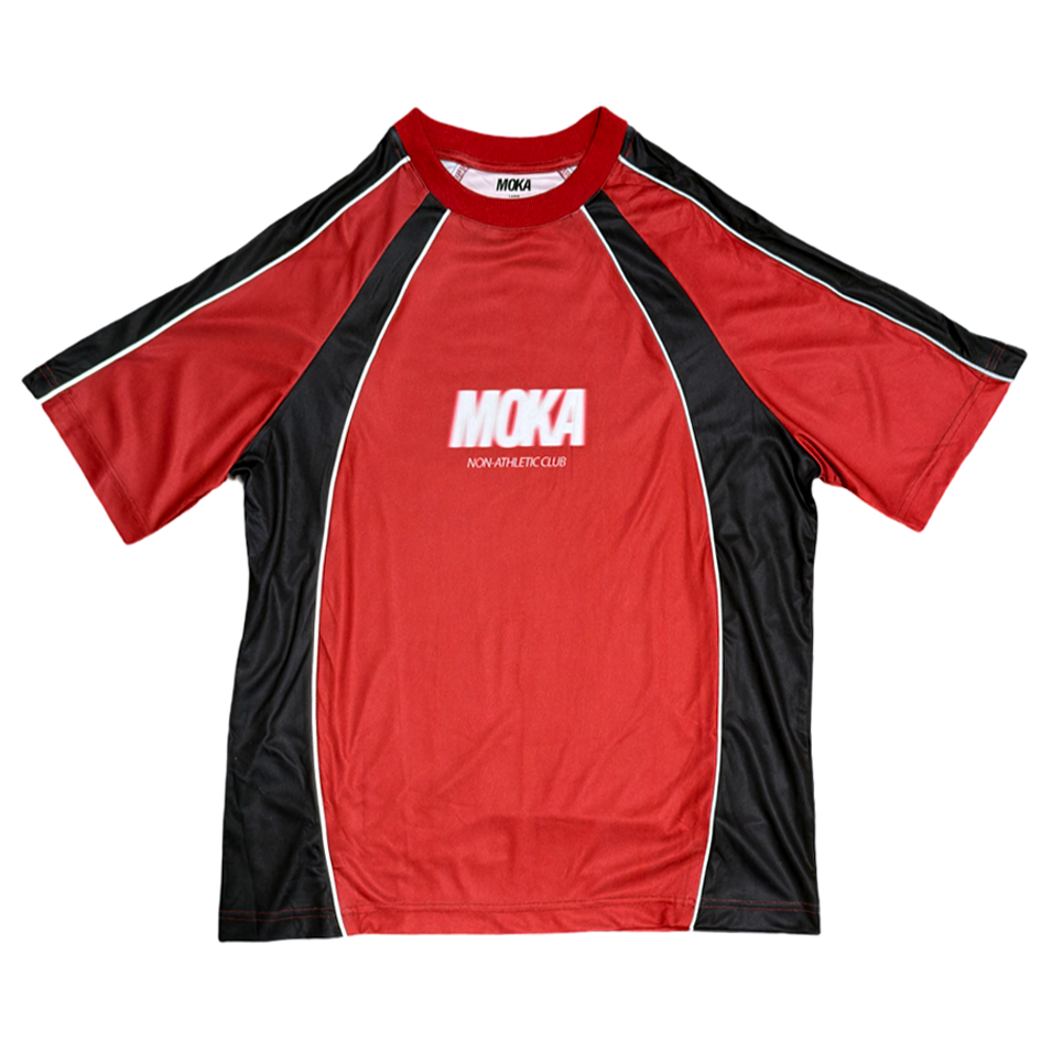 A red and black short-sleeve athletic t-shirt with white piping details and a white 'MOKA' logo printed on the chest, displayed flat against a white background.