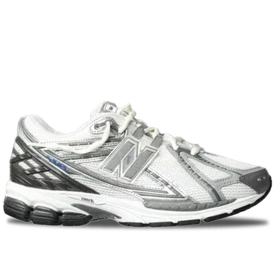 White running shoe with gray accents on a white background
