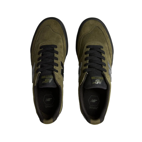 A pair of New Balance 340 sneakers in olive green suede and black mesh, shown from a top-down view on a light gray background.