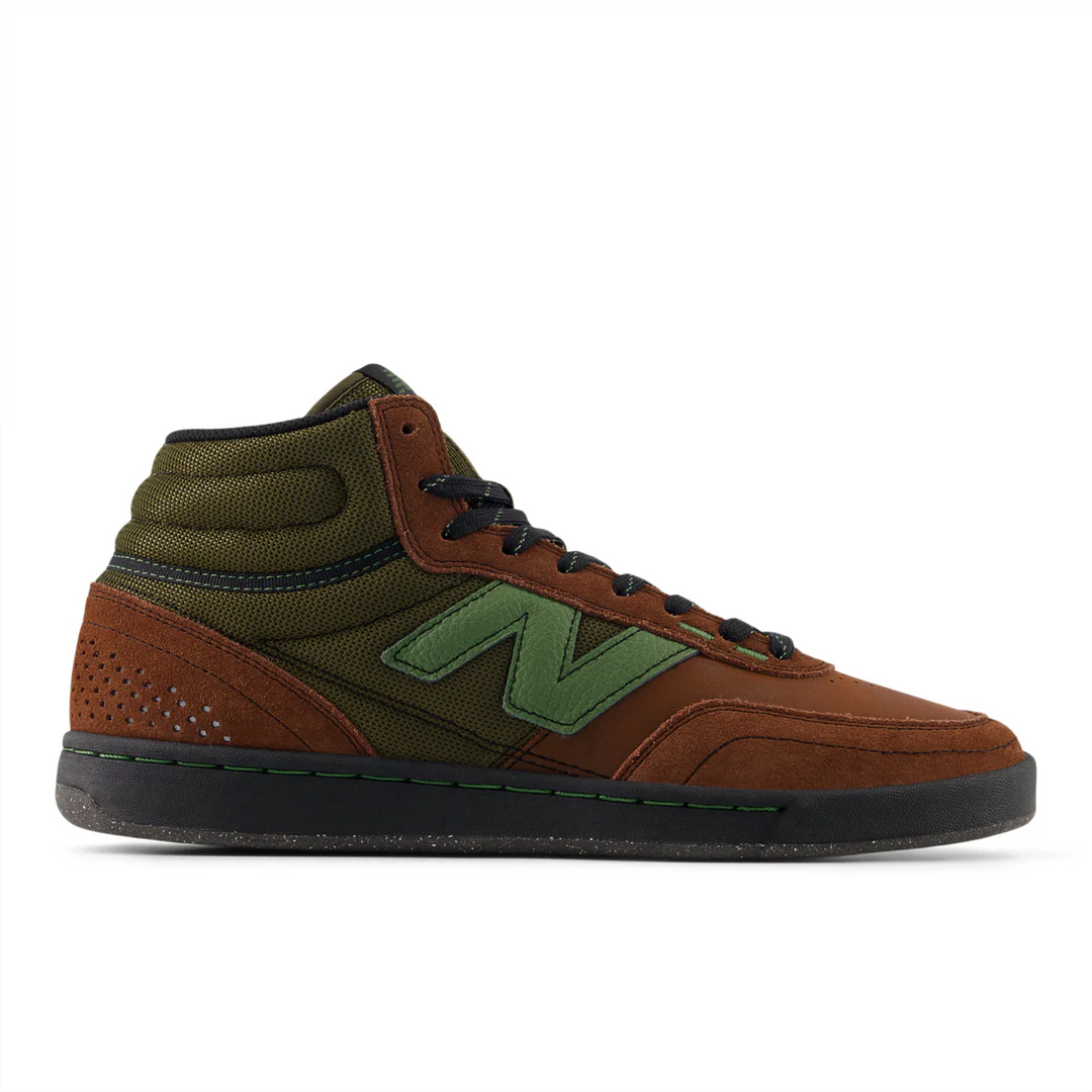 Brown and green high-top sneaker with New Balance logo on a white background