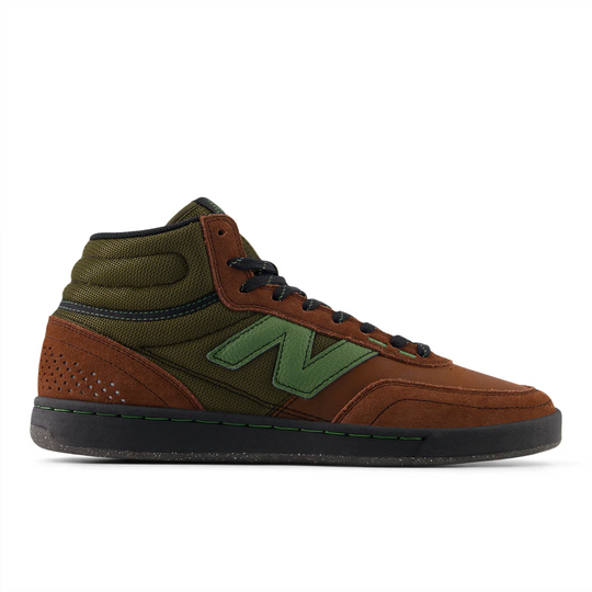 Brown and green high-top sneaker with New Balance logo on a white background