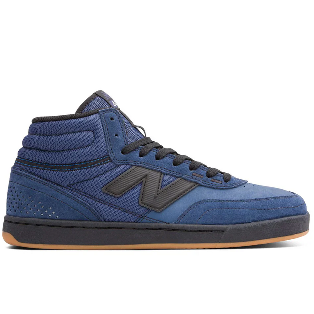 Blue high-top sneaker with black accents and a gum base