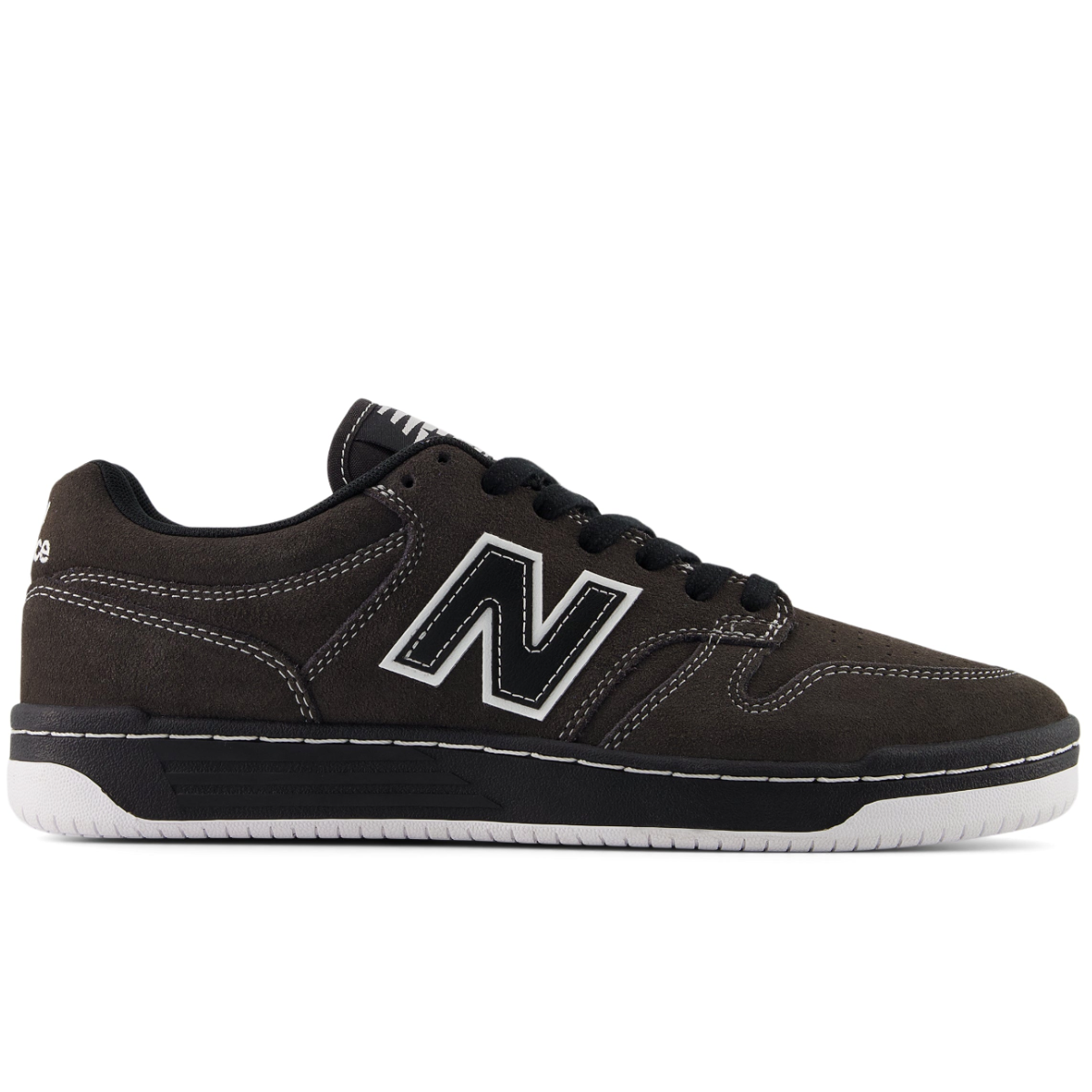 Black sneaker with a prominent 'N' logo on a white background