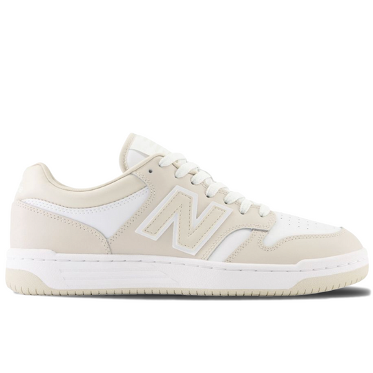 Beige and white new balance 480 sneaker with New Balance logo 