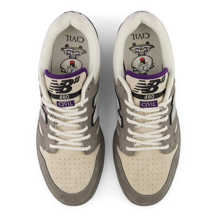 A pair of New Balance 480 sneakers in a beige, gray, and purple colorway, shown from a top-down view on a white background.