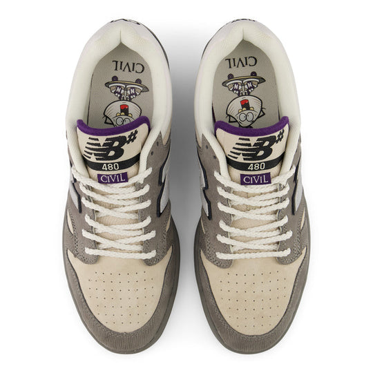 A pair of New Balance 480 sneakers in a beige, gray, and purple colorway, shown from a top-down view on a white background.