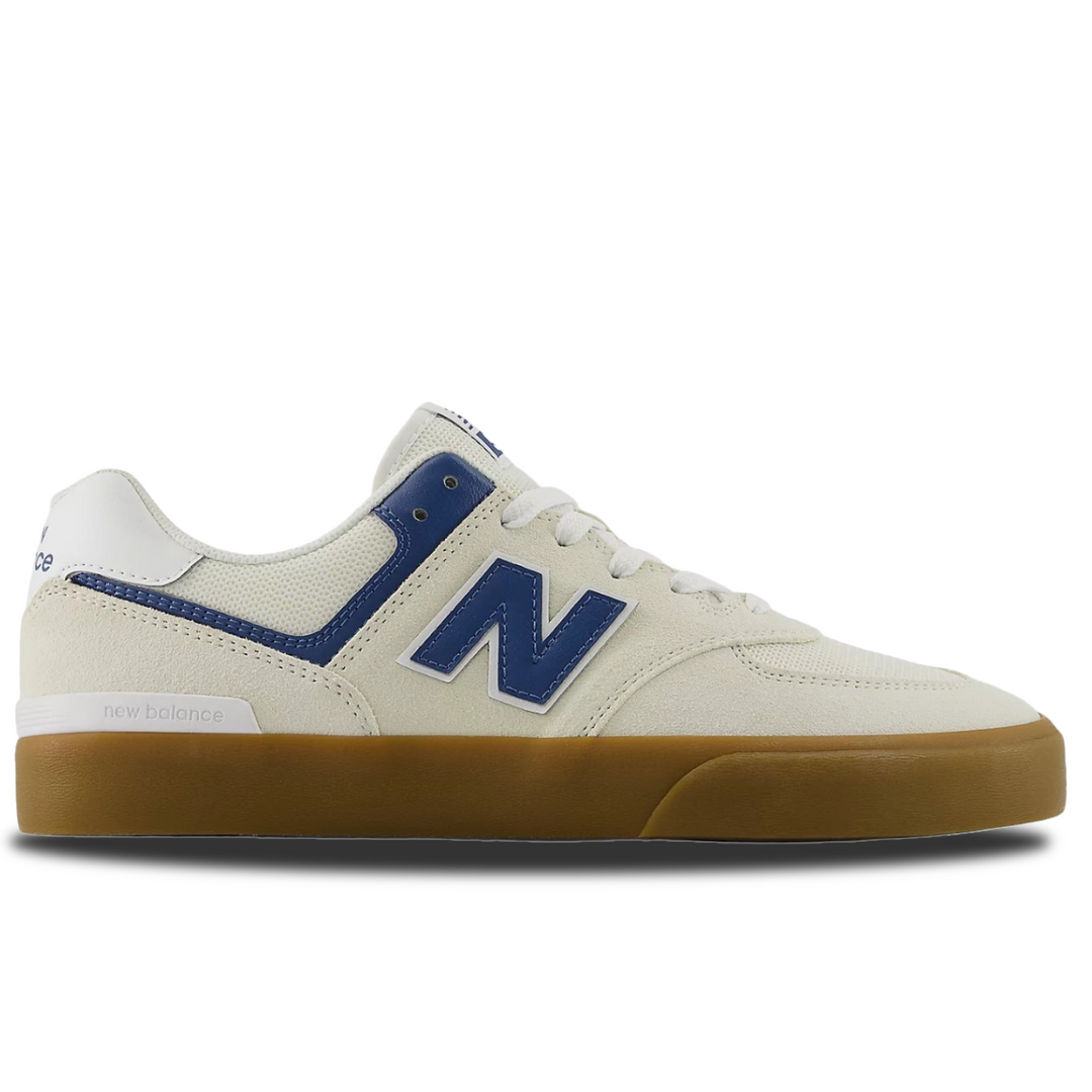 White sneaker with blue 'N' logo and brown sole on a white background