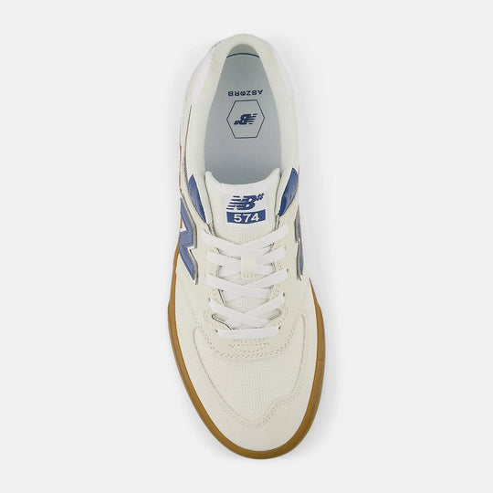 White sneaker with blue accents on a white background