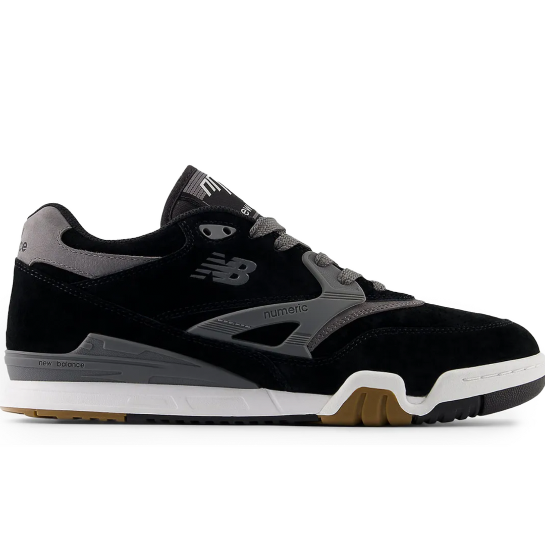 Black and gray sneaker with New Balance logo on a white background
