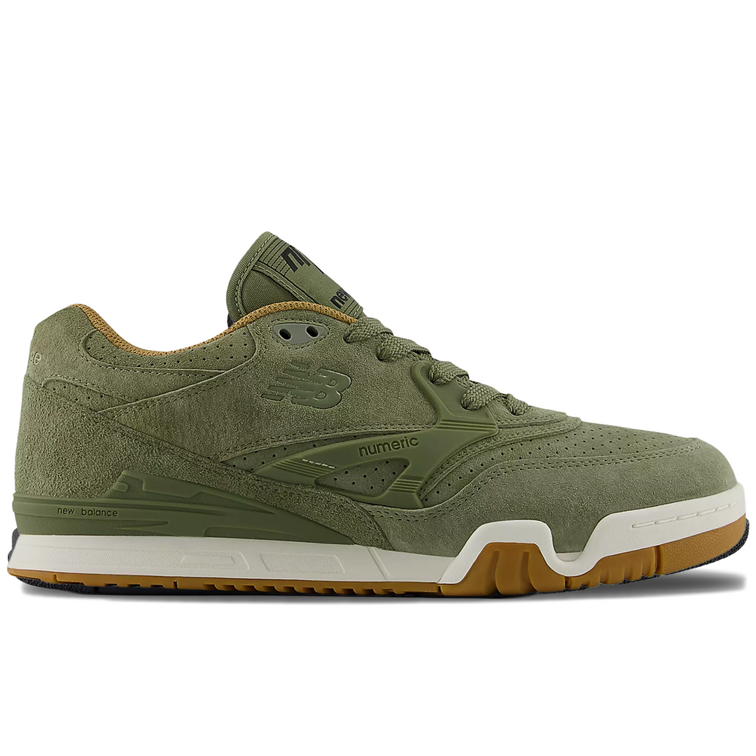 Green sneaker with brown sole 