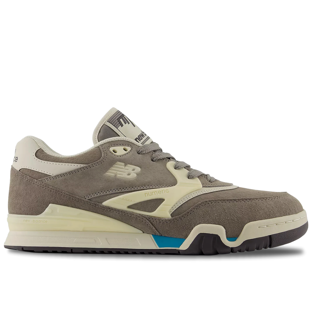 Brown sneaker with white accents on a white background