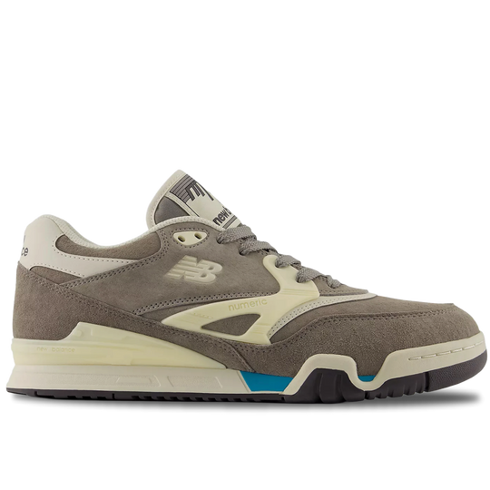 Brown sneaker with white accents on a white background