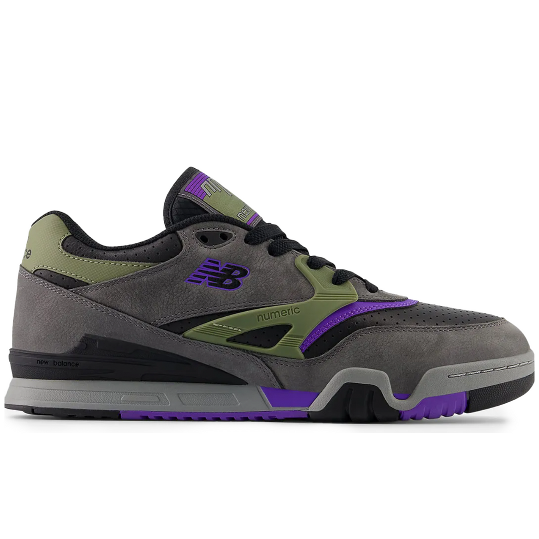 Gray and green sneaker with purple accents on a white background