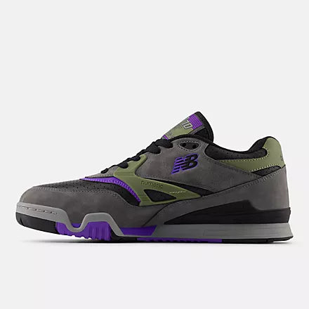 Gray and green sneaker with purple accents on a white background