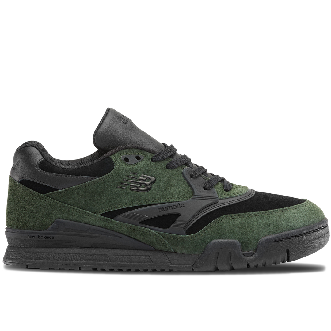 New Balance Numeric sneaker in olive green suede and black mesh, featuring a black midsole and outsole, shown from a side profile on a white background.