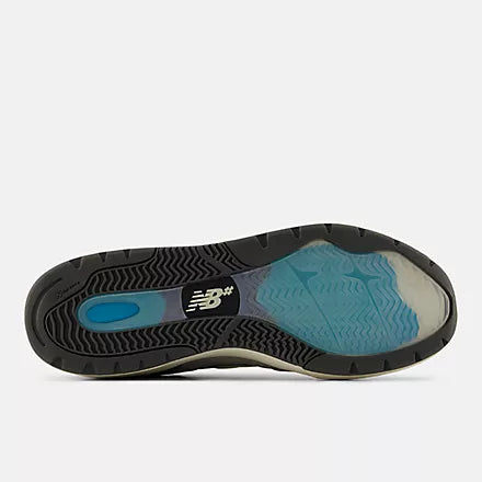 Close-up of a shoe sole with New Balance logo on a light gray background