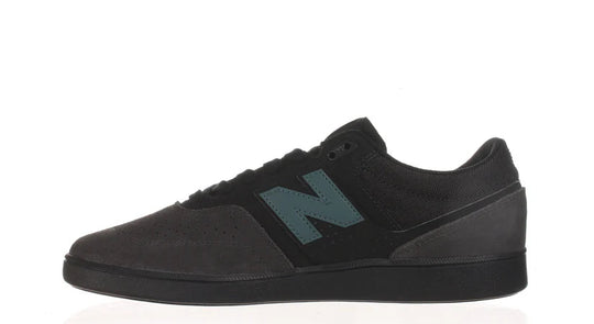 Black sneaker with a brand logo on a white background