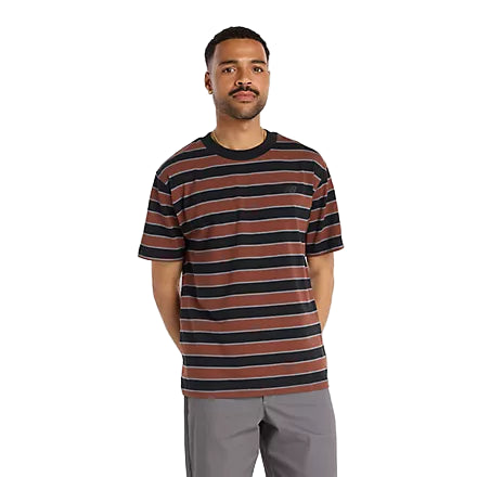 Man wearing a striped t-shirt on a white background