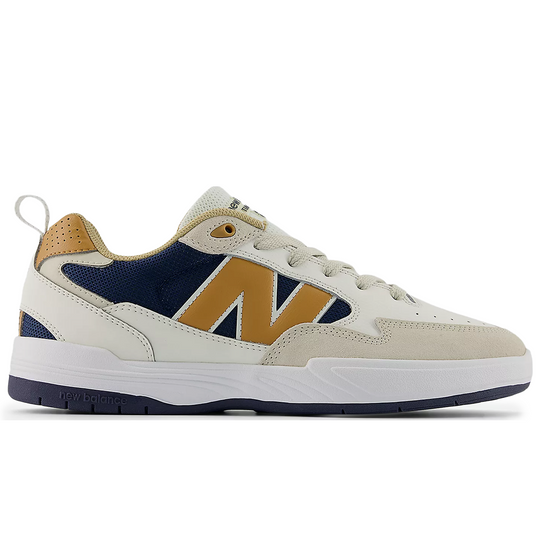 New Balance Sneaker with a white, blue, and brown color 