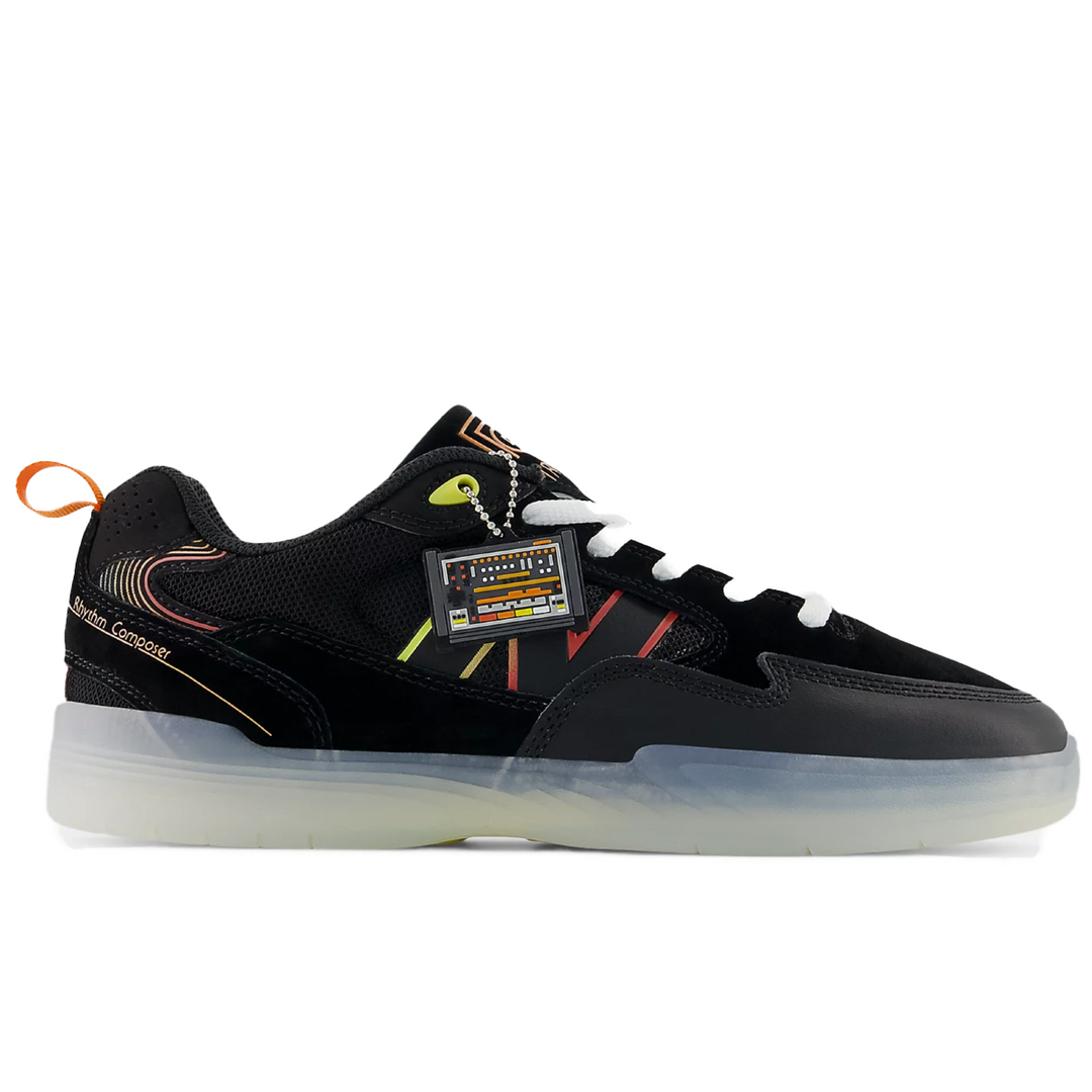 Black sneaker with colorful accents on a white background