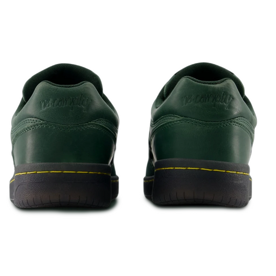 Green leather shoes with brand logo on a white background