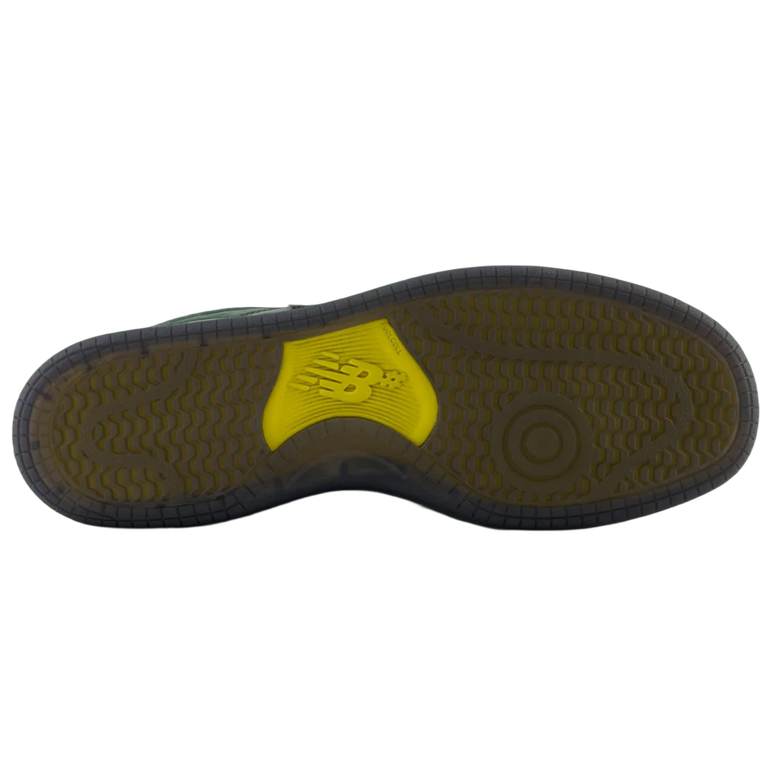 Shoe sole with a yellow logo on a white background