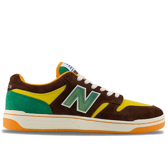 Multicolored sneaker with New Balance logo on a white background