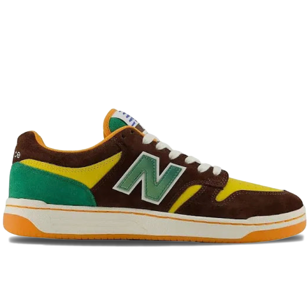 Multicolored brown green yellow sneaker with New Balance logo 