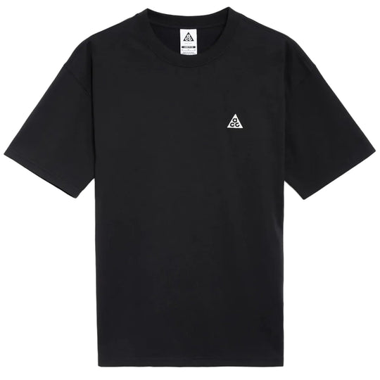 A black short-sleeve crewneck t-shirt with a small white geometric triangle logo on the left chest, displayed flat against a plain white background.