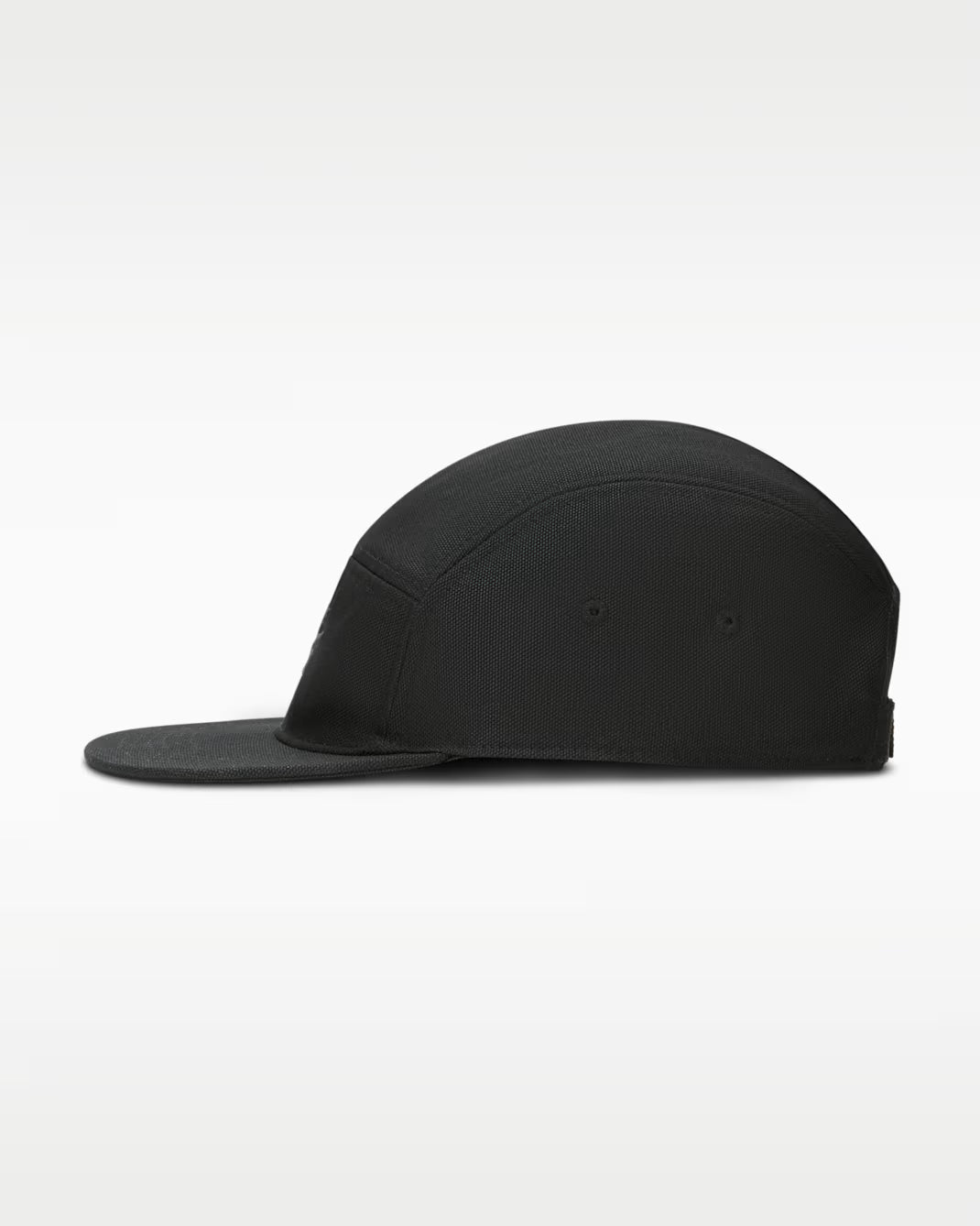 A black five-panel cap with a flat brim, shown in profile against a clean white background.