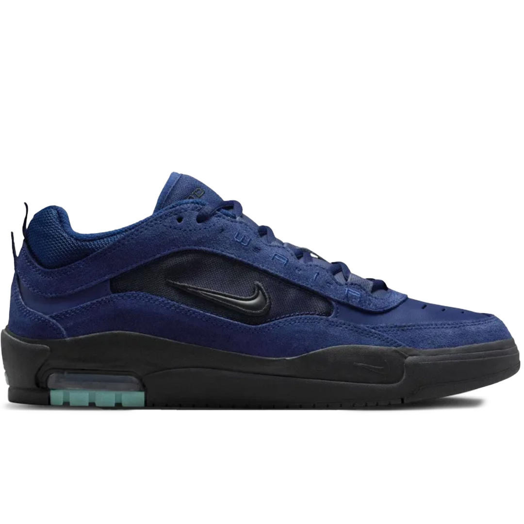 Blue sneaker with black swoosh logo on a white background