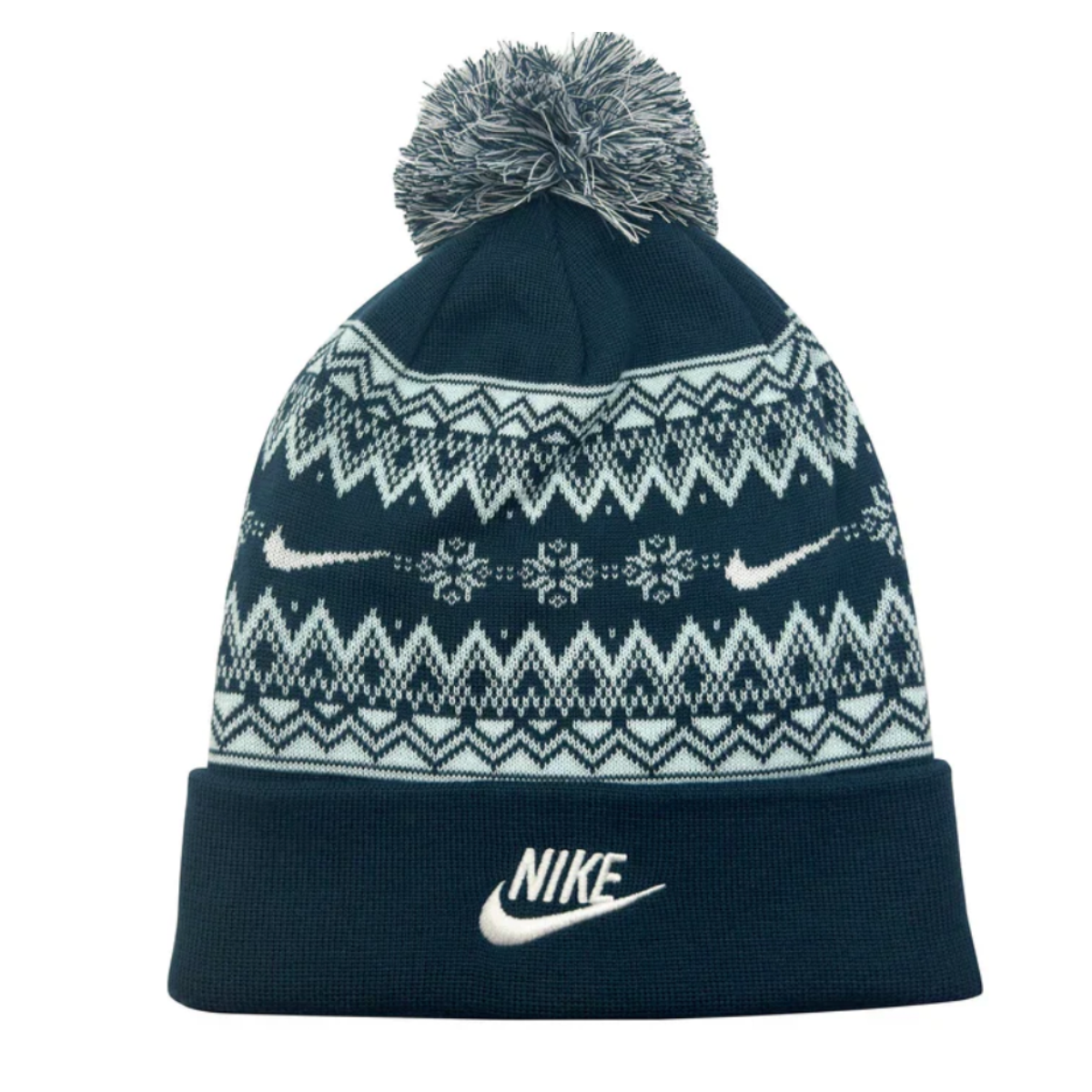 Navy blue knit beanie with white pattern and Nike logo on a white background