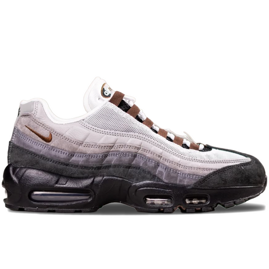 Gray and black airmax 95 sneaker with brown accents 